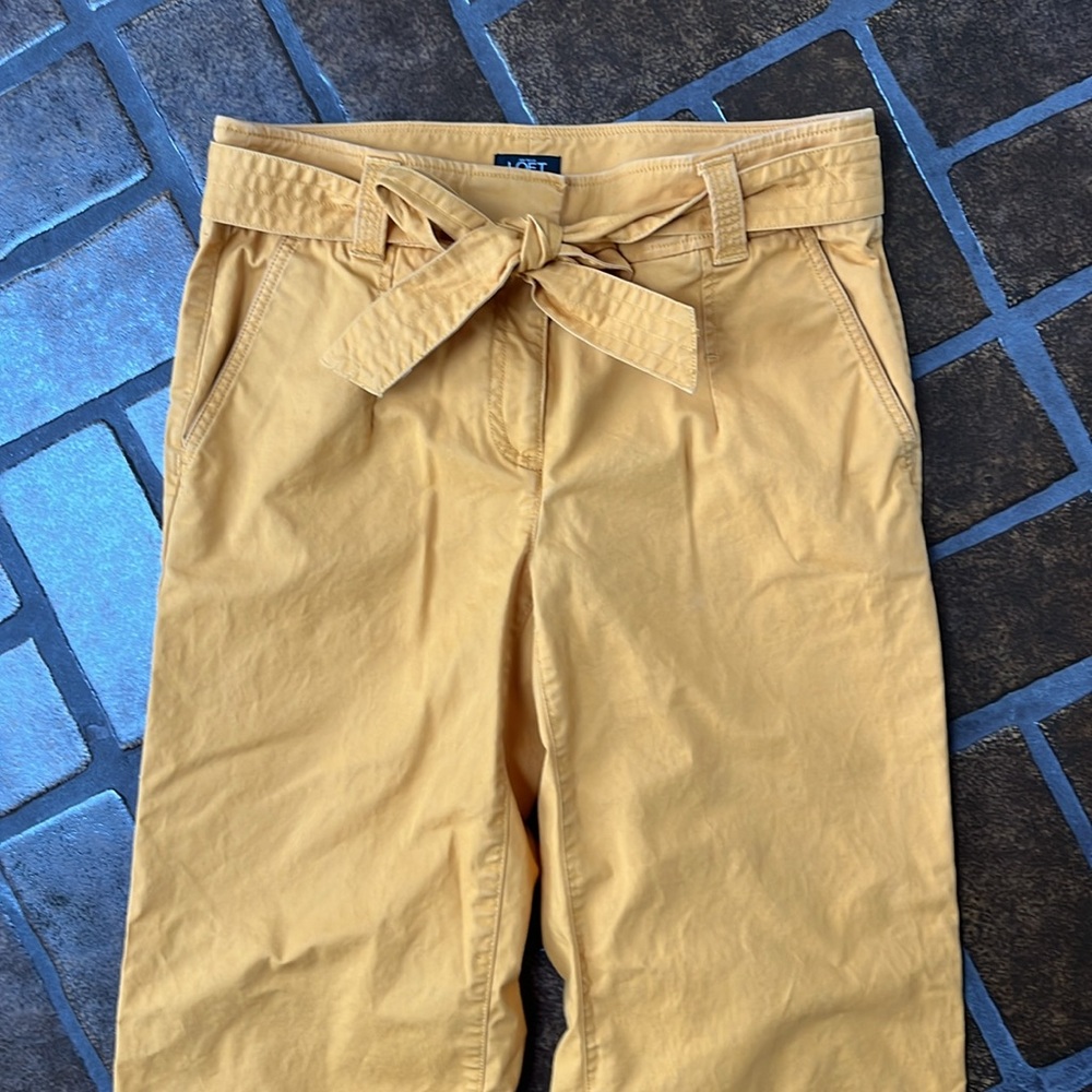 LOFT Mustard Yellow High Rise Tie Waist Cropped Wide Leg Pant - Picture 3 of 12